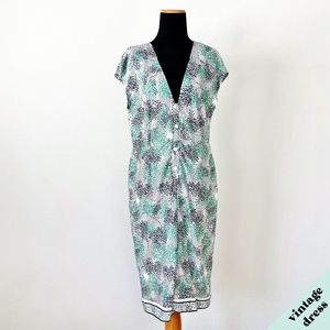 VINTAGE 70's White & Green Floral Print Dress